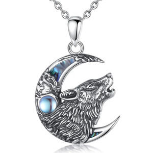 925 Sterling Silver Abalone Shell Moonstone Moon and Wolf Head Necklace